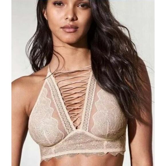 NWT Victoria's Secret Very Sexy Lace Up High Neck Bralette Beige XS - Picture 2 of 4
